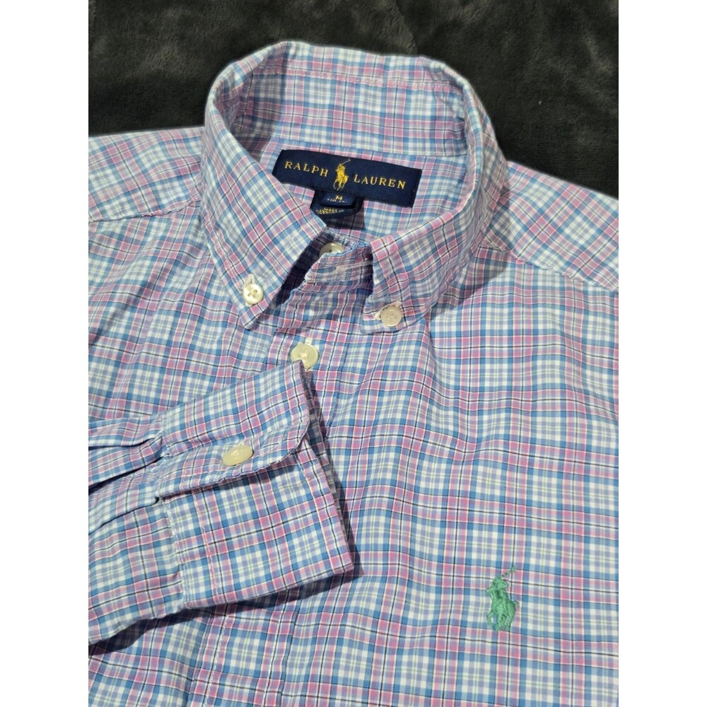 🐎 Boys Ralph Lauren Button Shirt Size M 10-12. Blue Pink White
